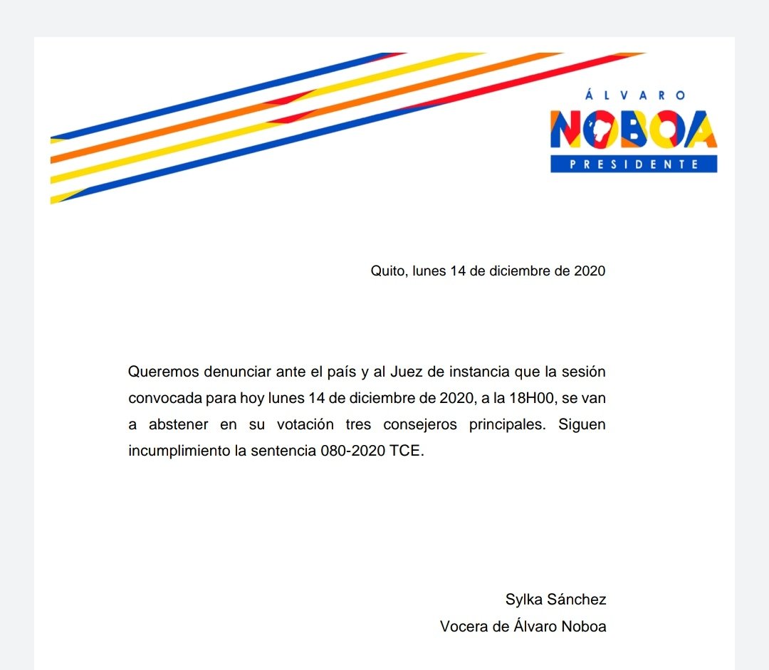 Por medio de un comunicado, la vocera de Álvaro Noboa, Silka Sánchez, asegura que en el Pleno de hoy, tres vocales principales del <a href="/cnegobec/">cnegobec</a> se abstendrán de votar sobre el cumplimiento de la sentencia del <a href="/TCE_Ecuador/">TCE Ecuador</a>. La sesión se convocó a las 18:00 de hoy, pero no inicia.