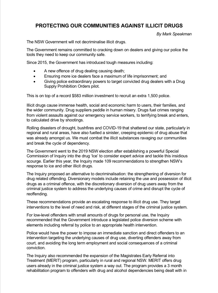 MarkSpeakman's tweet photo. The current criminal justice response isn't stopping drug abuse.
We need to fight illicit drugs harder +smarter.
Diversion isn't radical/groundbreaking.
Any reforms must put community safety +health first.
My op ed:
https://t.co/v2mdB7p08X
#nswpol #auspol #nswlaw #IceInquiry https://t.co/ioDfN3rhwq