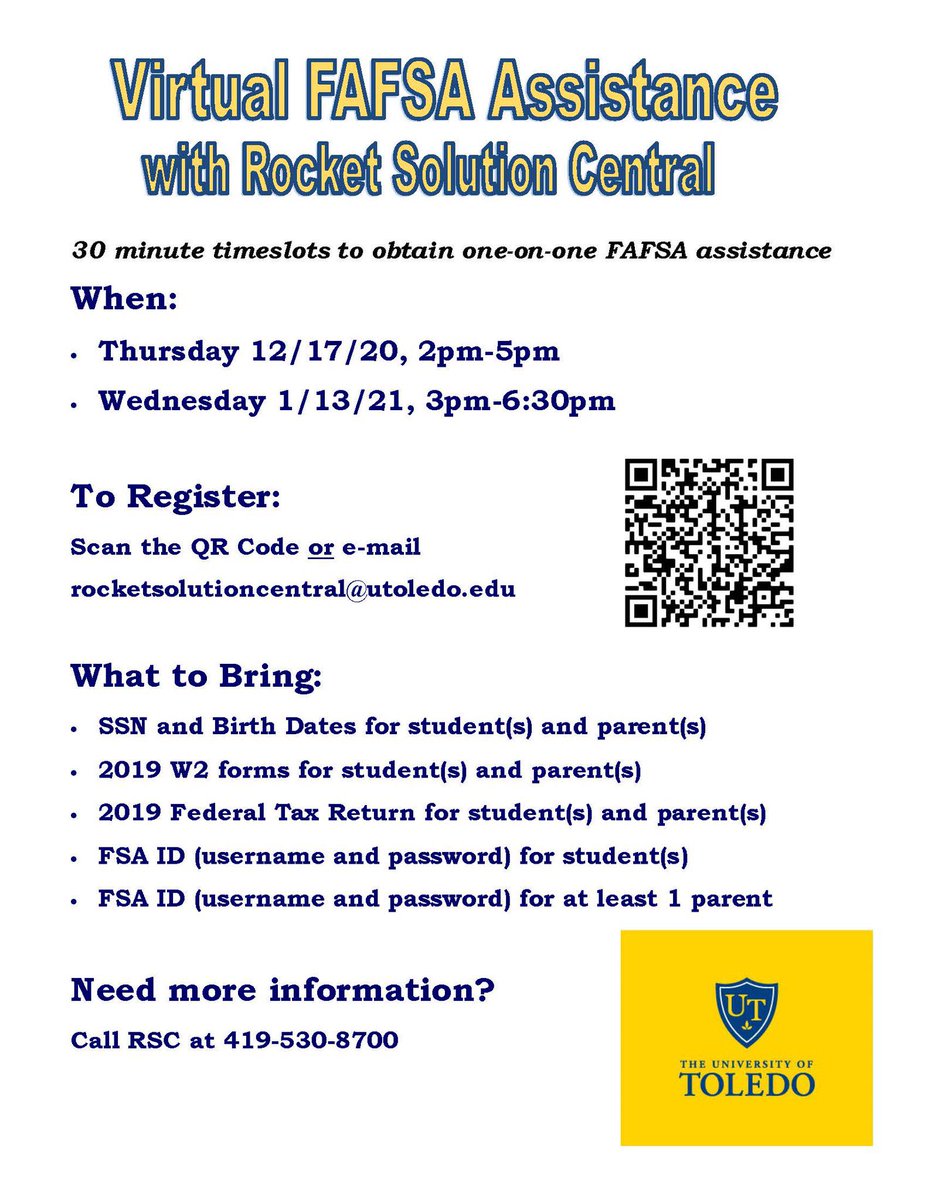 The University of Toledo is providing 1-1 FASFA assistance: