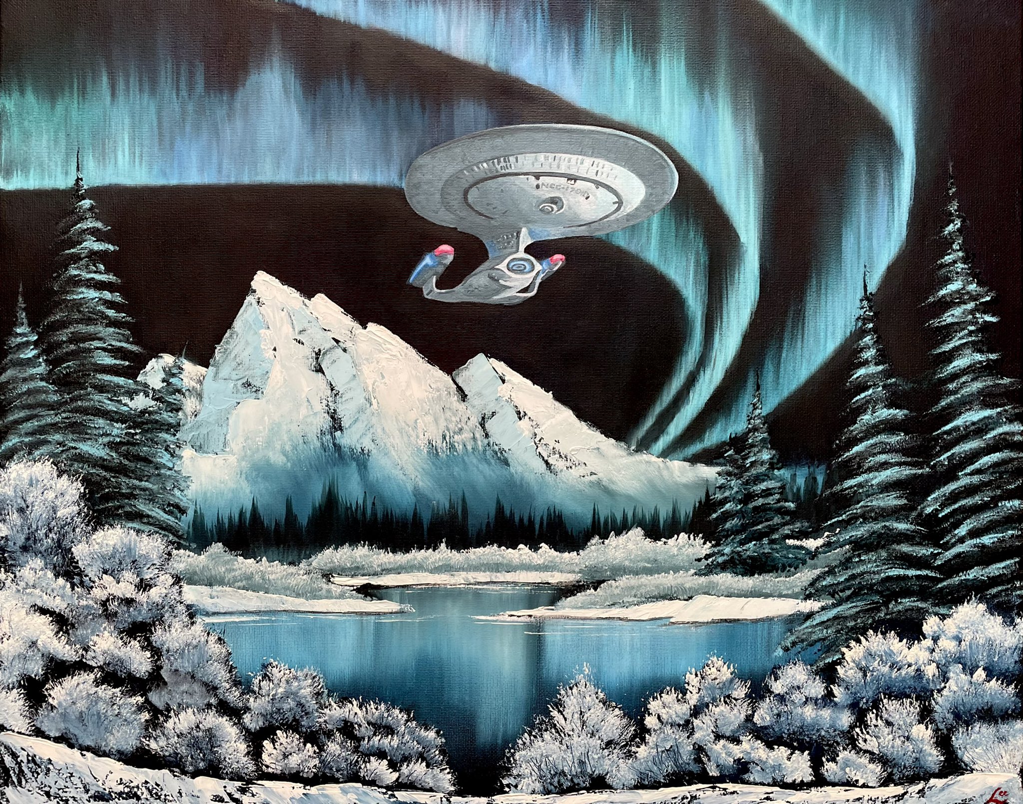 Art by Jeff Lee on Twitter: ""Northern Lights, Sector 001" Number 10 in a series #happylittleinhabitants 16" x 20" Oil/acrylic on canvas on "Northern Lights" by Bob Ross "Joy of Painting"