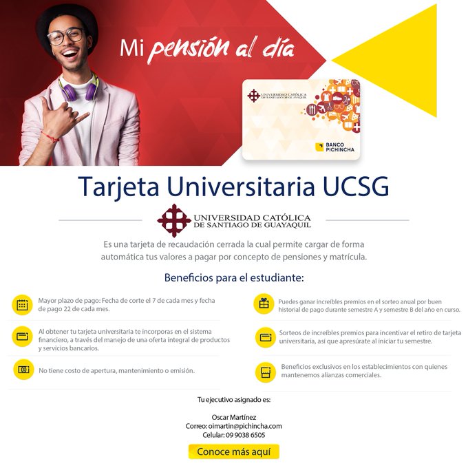 ucatolicagye's tweet photo. 🔴Estudiantes #UCSG
Descubre los beneficios que te otorga tu tarjeta universitaria, conoce las fechas de pago, promociones y descuentos exclusivos. 👏

💻Más información https://t.co/FeAm72x4ta https://t.co/nhNCiFDtzm