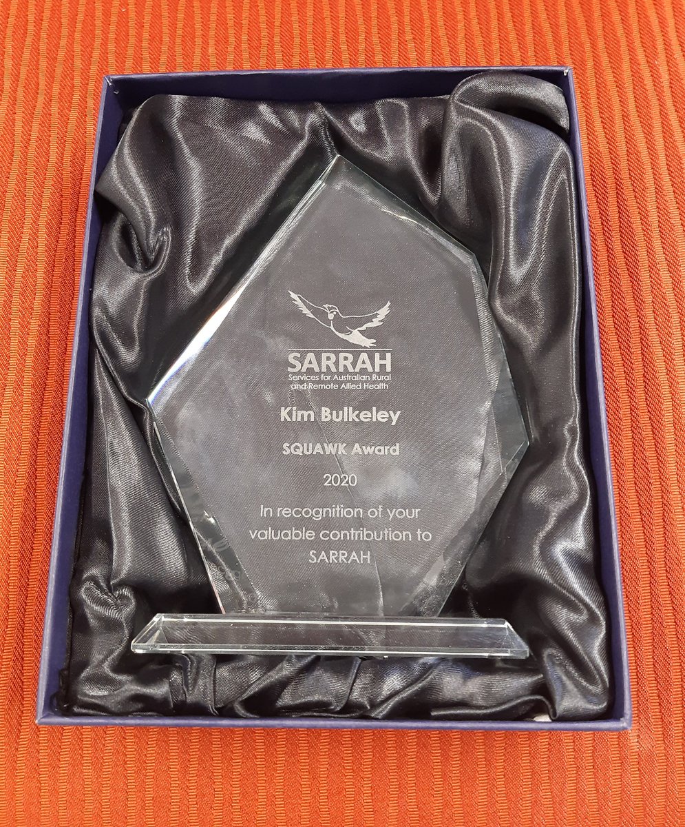 SARRAHealth's tweet photo. Last month SARRAH awarded the SQUAWK Award to Dr Kim Bulkeley recognising her outstanding contribution to Australia’s rural and remote allied health sector. Congratulations Dr Bulkeley! #SARRAH #AHPs #ruralhealth #alliedhealth https://t.co/3uXXRNIMqQ