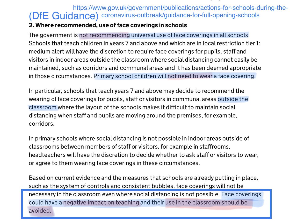 2. What is DfE evidence for their claim that masks “could have a negative impact on teaching and their use in the classroom should be avoided”?Are there reasons for differing from WHO & UNICEF guidance on this, and from the practice of many countries w/ masks in classrooms? 7/