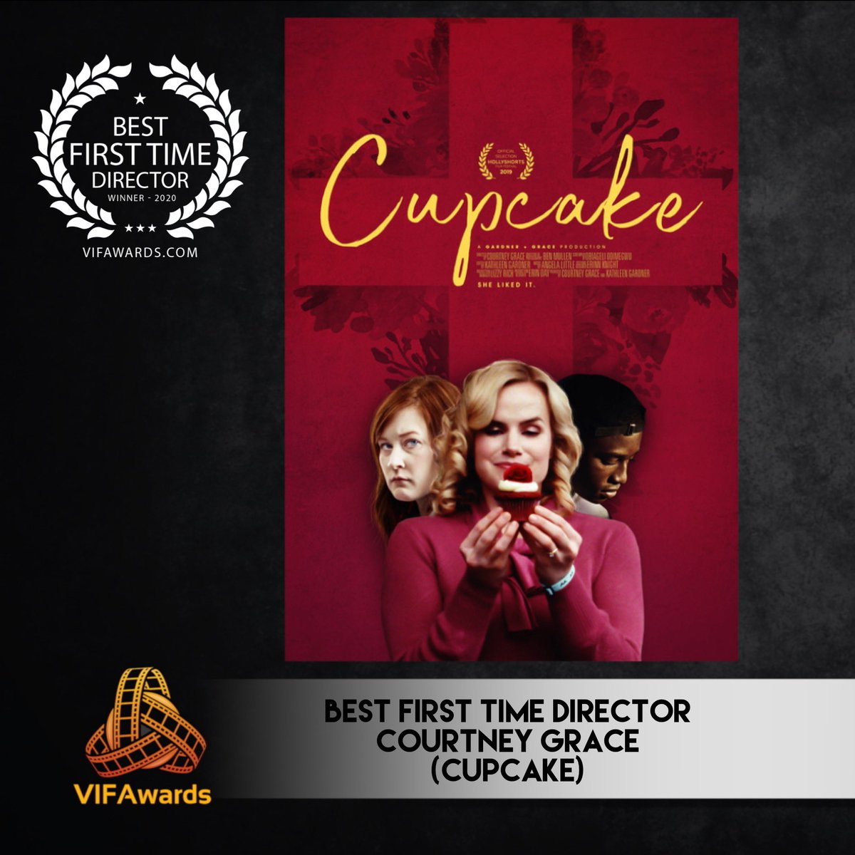 Best First Time Director goes to <a href="/bythegraceofme/">Courtney Grace</a> for ‘Cupcake’ Congratulations Courtney &amp; congratulations Team ‘Cupcake’! 🧁 🙌🥂#VIFAwards #CupcakeFilm #BestFirstTimeDirector