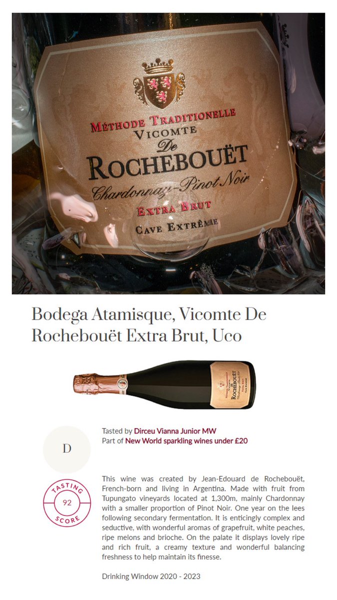 #AUREAStyle / <a href="/ViannaWine/">Vianna Wine</a>, en su nueva nota sobre espumosos del Nuevo Mundo por debajo de las £20 en <a href="/Decanter/">Decanter</a>, destacó, con 92 puntos, lo cual lo colocó como el mejor espumoso por la publicación de Latinoamérica, el Vicomte de Rochebouët #ExtraBrut de CAVE Extreme.