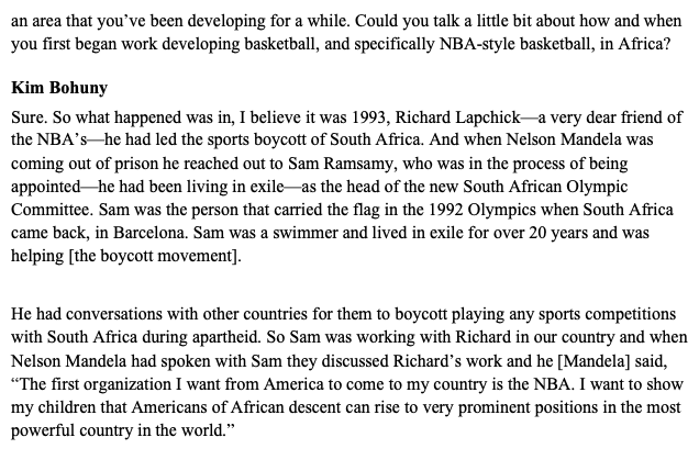 In this part, Bohuny discusses how the  #NBA first went to Africa and why Mandela wanted the league to visit. Its so powerful each time I read it  #hoopsdiplomacy 