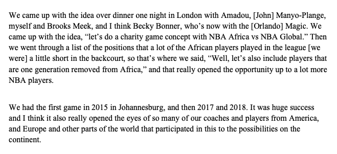 What ideas do you come up with over dinner? Clearly, I need to up my game!Here’s Bohuny discussing the origin of the  #NBA Africa Game over one memorable dinner with colleagues (p6)  #hoopsdiplomacy