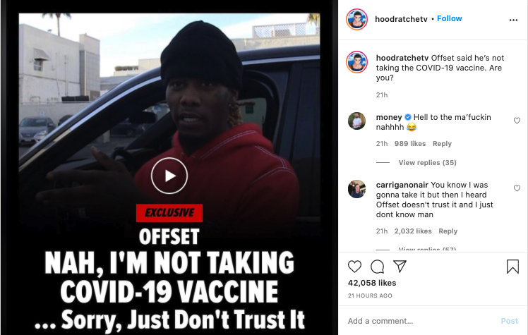 Looking at the top 15 Instagram posts about vaccines in the past 24 hours, there are 4 vaccine-hesitant posts, two from DJ Akademiks, and 3 of them focus on quotes from famous rappers (NLE Choppa & Offset).