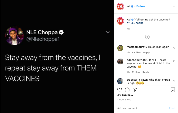 Looking at the top 15 Instagram posts about vaccines in the past 24 hours, there are 4 vaccine-hesitant posts, two from DJ Akademiks, and 3 of them focus on quotes from famous rappers (NLE Choppa & Offset).