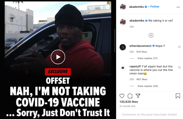 Looking at the top 15 Instagram posts about vaccines in the past 24 hours, there are 4 vaccine-hesitant posts, two from DJ Akademiks, and 3 of them focus on quotes from famous rappers (NLE Choppa & Offset).