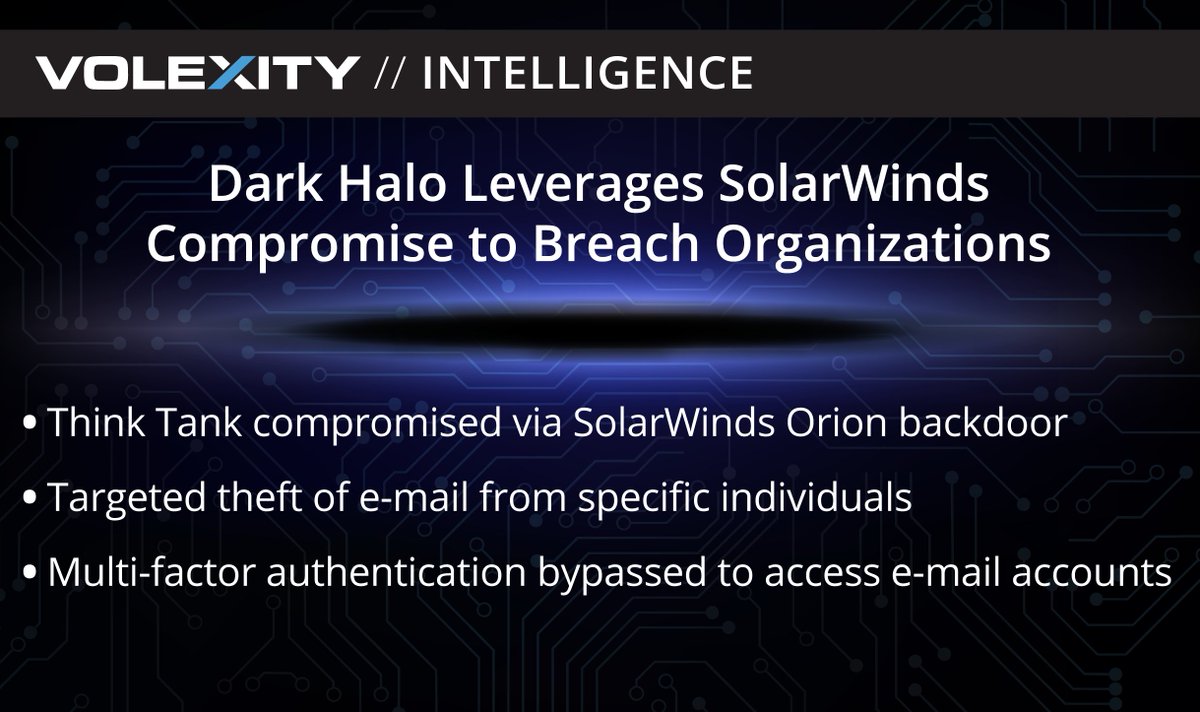 Volexity's tweet image. Supply Chain compromise of #SolarWinds provides Dark Halo actor with unauthorized remote access to select targets. @Volexity has also observed this group using novel methods to bypass 2FA. New research just posted to our blog: volexity.com/blog/2020/12/1… #threatintel #dfir #infosec