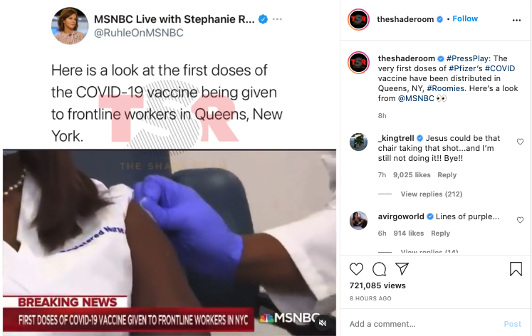 Comparatively, there are 4 posts in the top 15 that focus on Sandra Lindsay, a critical care nurse, being the first person to receive the vaccine in NYC.