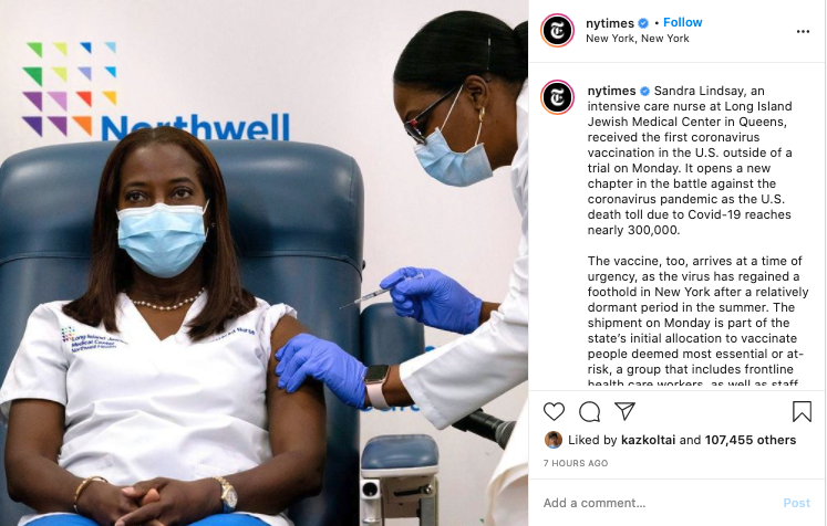 Comparatively, there are 4 posts in the top 15 that focus on Sandra Lindsay, a critical care nurse, being the first person to receive the vaccine in NYC.