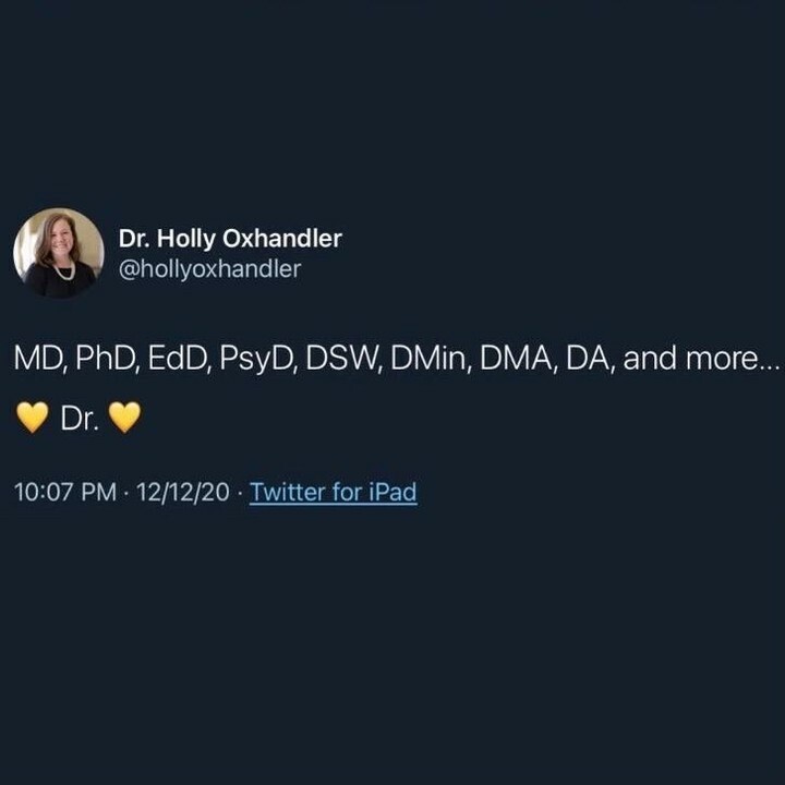 hollyoxhandler's tweet photo. The other night, I changed my public accounts to Dr. Holly Oxhandler. Yes, this was in response to the article that questioned one woman’s ability to call herself Dr. because of the degree she held - a doctorate in education.
💛
The responses from wom… https://t.co/ZBT7bjDXsU https://t.co/bNjXsU3oU8