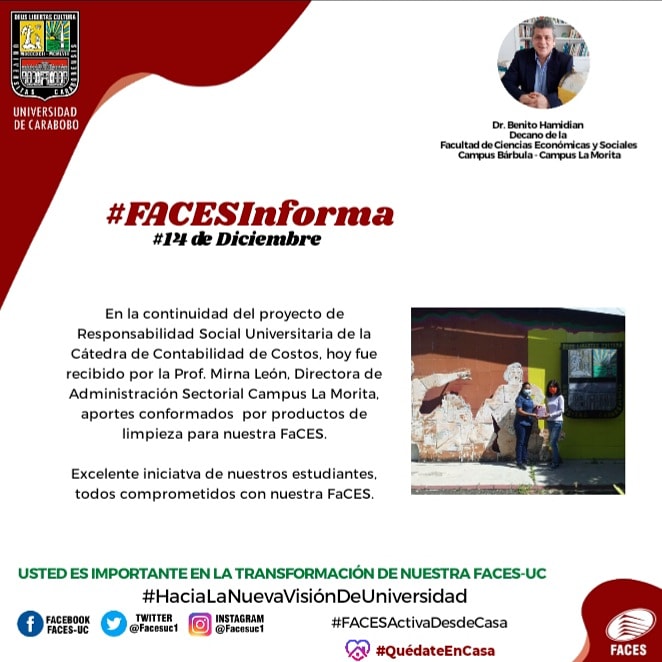 facesuc1's tweet photo. #FACESInforma #14Dic Continuando con el Proyecto de Responsabilidad Social Universitaria de la Cátedra de Contabilidad de Costos, se reciben productos de limpieza como aporte de los estudiantes para nuestro Campus La Morita.

#SocialmenteResponsables

Dr. Benito Hamidian
Decano https://t.co/Koc9vDdSbr