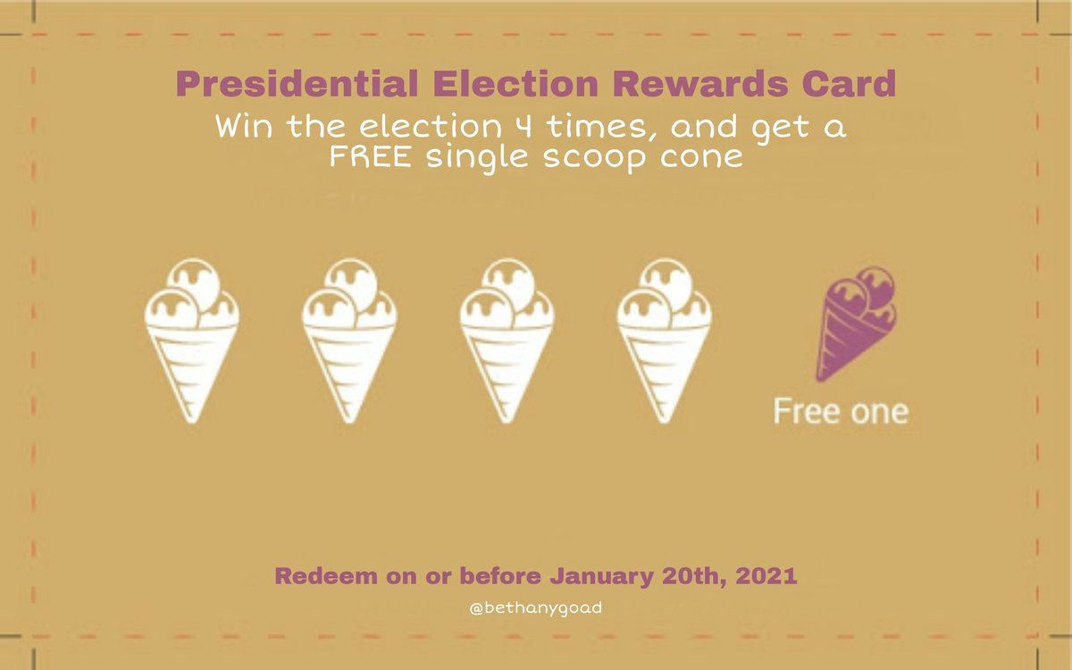 BethanyGoad's tweet photo. @JoeBiden wins! Again!  The best part of today for Joe Biden? He got enough wins on his punch card for a free single scoop cone!Someone get that man his free scoop! He's earned it! #election2020 #JoeBiden #BidenHarris #PresidentElectBiden https://t.co/rHA7ZOwx5f