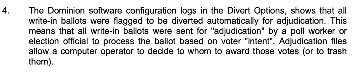 Next, they mention that the software configured to divert write-in ballots for adjudication. I feel like this is...normal. The alternative would be that a machine tries to guess the voter's selections based off what they wrote which....seems bad.