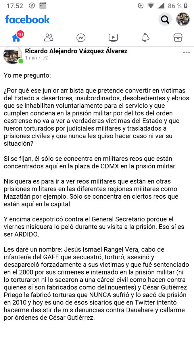 Curioso que éste junior solo se enfoca en desertores insubordinados golpeadores etc que están en la prisión militar y no ve ni oye a quienes sí fueron torturados y fabricados como delincuentes como hicieron contra el Capitán Malagón Rendón y Cabo Ruth Cruz Blancarte. Arribista.