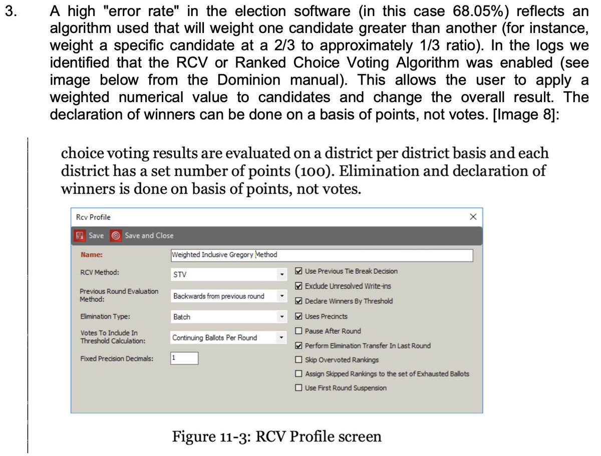 Here, they simply state "A high "error rate" in the election software..."reflects an algorithm used that will weight one candidate greater than another", and that "In the logs we identified that the RCV or Ranked Choice Voting Algorithm was enabled"