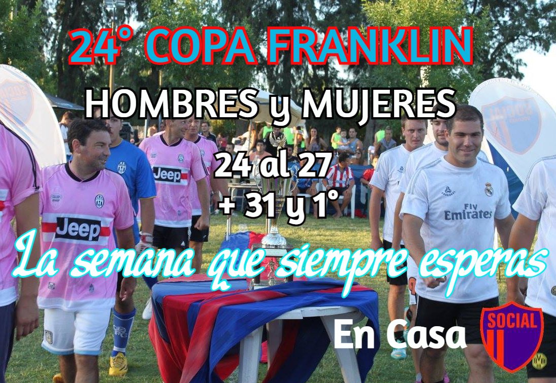⚽ VUELVE EL FRANKLIN!!
🗓️24, 25, 26, 27, 31 y 1° de enero.
Hombres: pagar la inscripción en la entrada del Predio mañana a partir de las 14.30 ($800).
Mujeres: inscribirse al 2245559424  o 2245459464
La noticia que estabas esperando...

#DiciembreEnElPredio
#ElFranklin