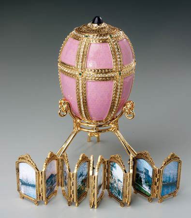 The Danish Palaces egg is an Imperial Fabergé egg, made under the supervision of Peter Carl Fabergé. It was crafted and delivered to the then Tsar of Russia, Alexander III who presented it to his wife, Maria Feodorovna on Easter day 1890.