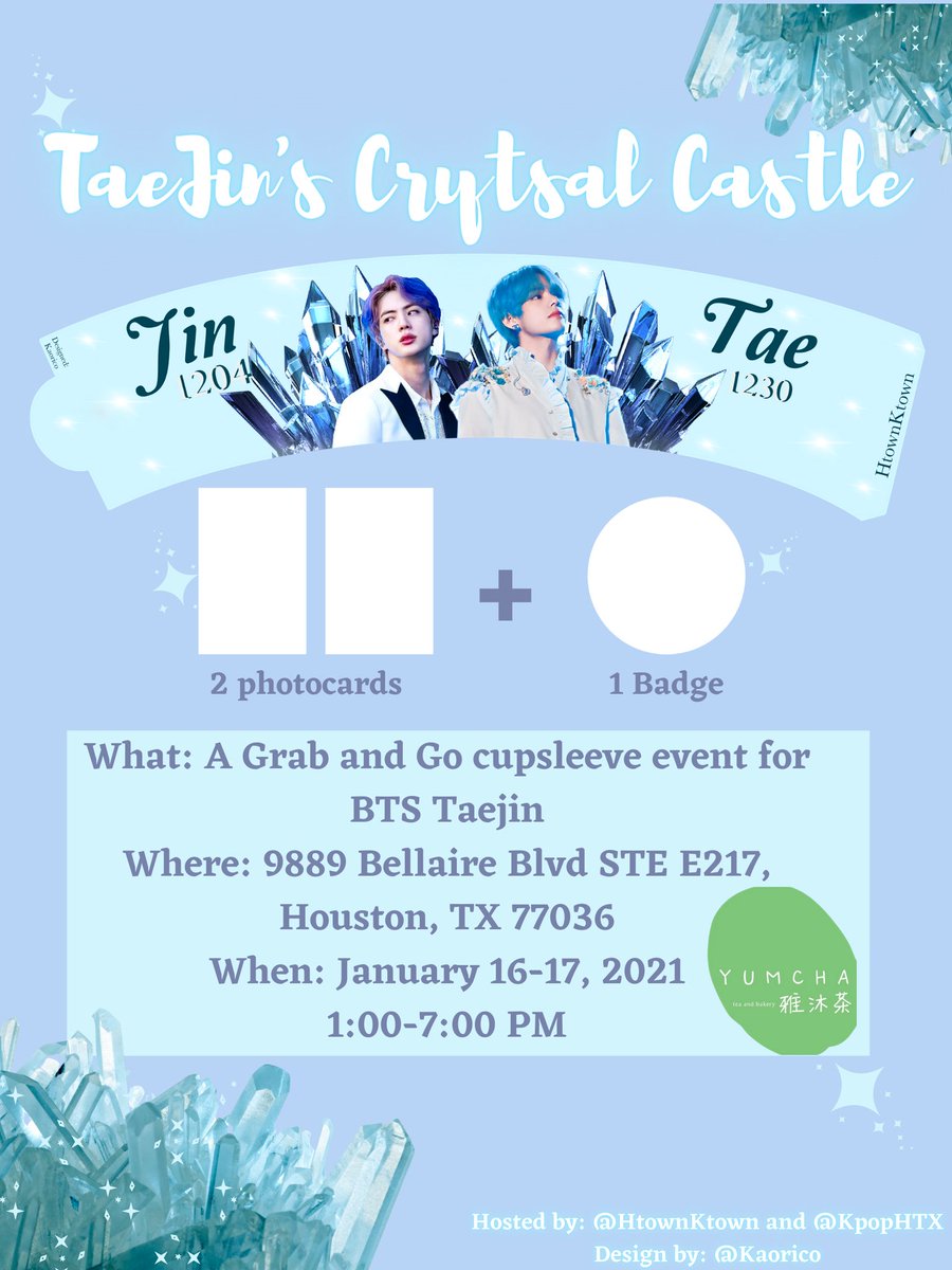 HTownKTown1's tweet photo. 💎TAEJIN CRYSTAL CASTLE CAFE💎
We are happy to share that we will be hosting a Taejin cupsleeve event January 16-17, 2021
We hope you guys will be able to join us in this celebration!
Donate here: https://t.co/wUJ3L78xRR
#CrystalCafe #HTKT #TaeJin https://t.co/17eWUUhRRF