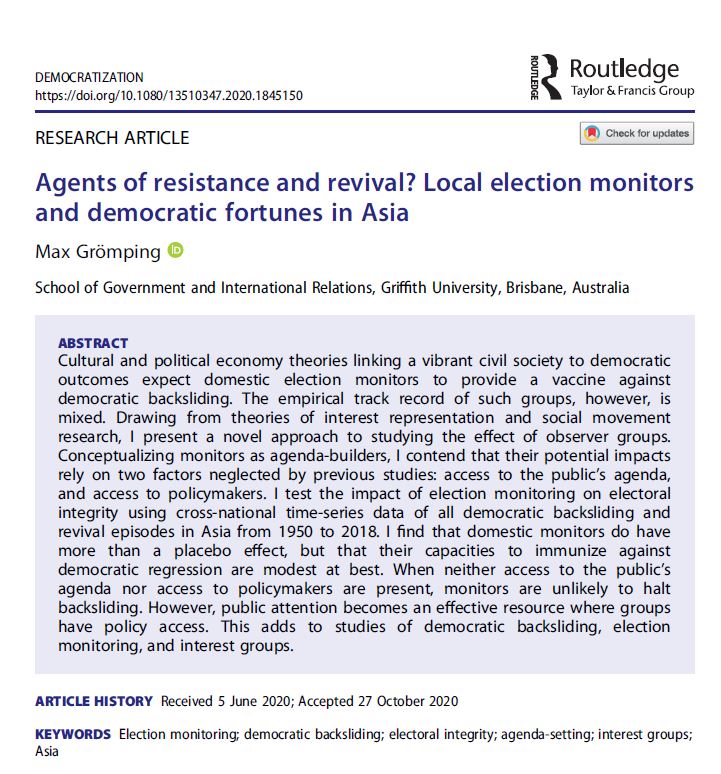 MaxGroemping's tweet photo. New article in #Democratization: Domestic #ElectionMonitors act as a vaccine again democratic #backsliding if and when they generate public attention to #ElectoralIntegrity + have access to #policymakers https://t.co/Ti1AoJ9FFL 1/5 https://t.co/zsmOM55IXg