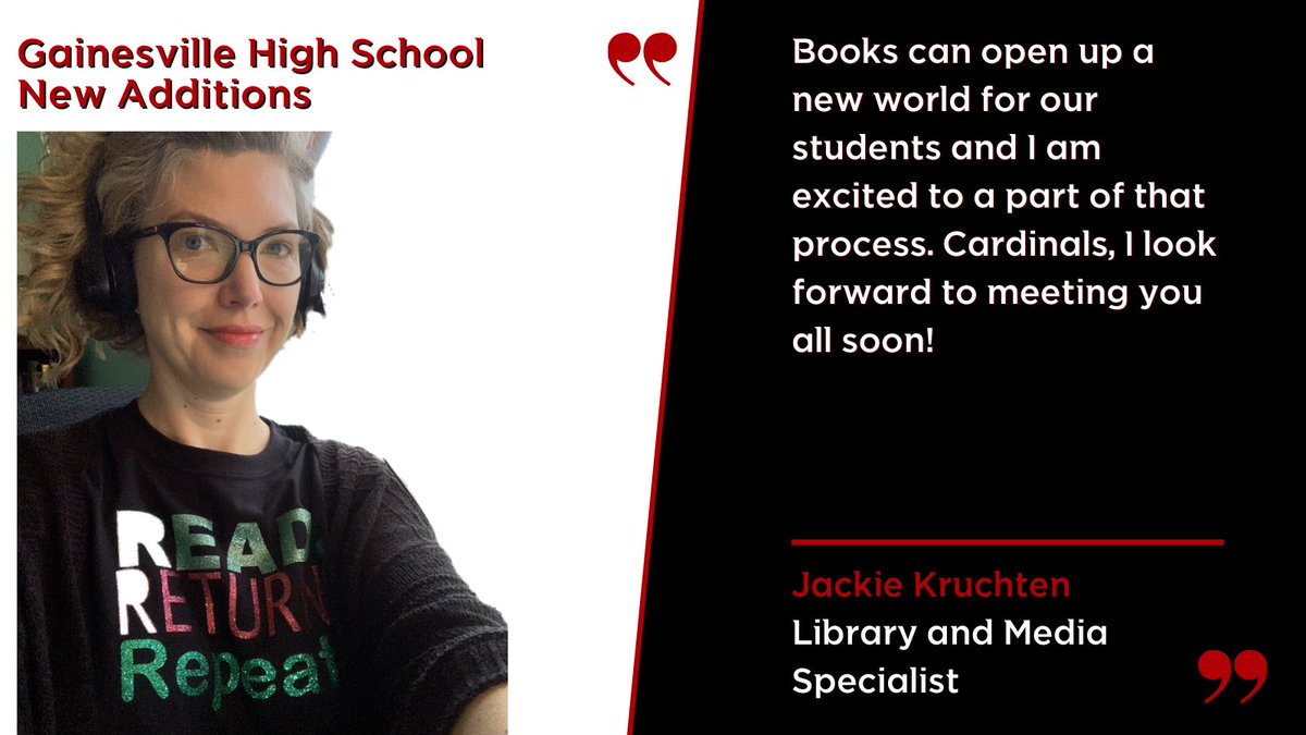 GainesvilleHS's tweet photo. Today we are excited to share our Library and Media Specialist, Jackie Kruchten and as Co-Department Chair of English &amp; Language Arts, Katherine Wood! #GainesvilleCardinals https://t.co/gsQ2w80AEx