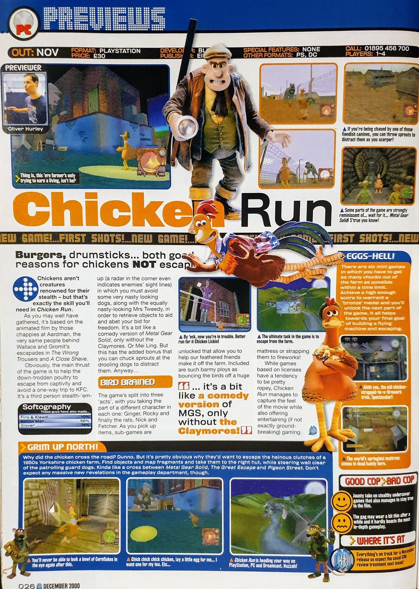 GamesmasterSaid's tweet photo. Issue 101, December 2000
Chicken Run preview (PC): "Jaunty take on stealthy undercover games that also manages to stay true to the film."
@JuliaSawalha1 @1phildaniels #BlitzGames #Playstation #Dreamcast #Aardman #Ginger #Rocky https://t.co/fnQrCyvR84