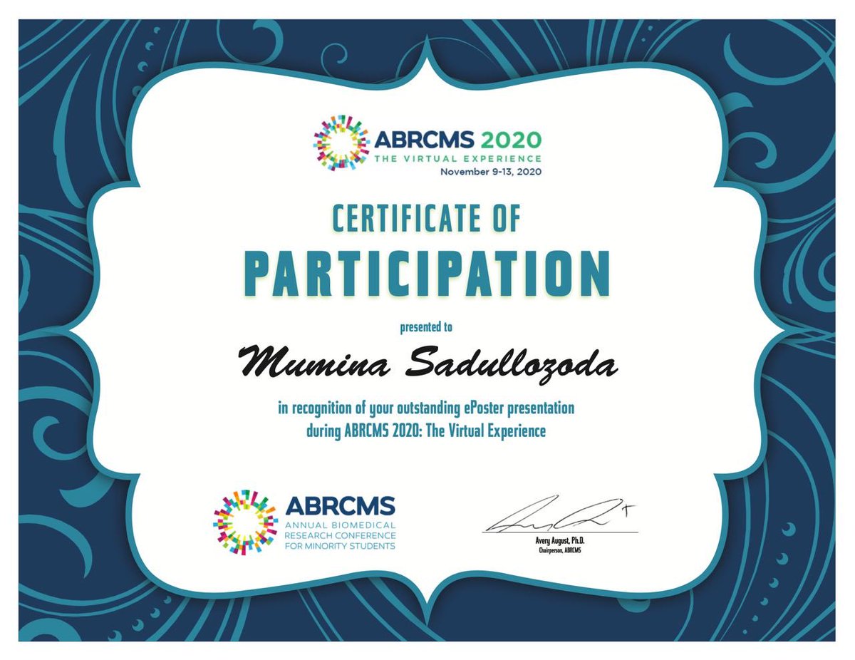 MuminaS52's tweet image. Honored to receive an award from @ABRCMS #TheVirtualExperience for outstanding ePoster presentation!  #ABRCMS2020 #award #recognition #conference #science #research #proud #youngscientist #scientist @BKLNcollegeCASE