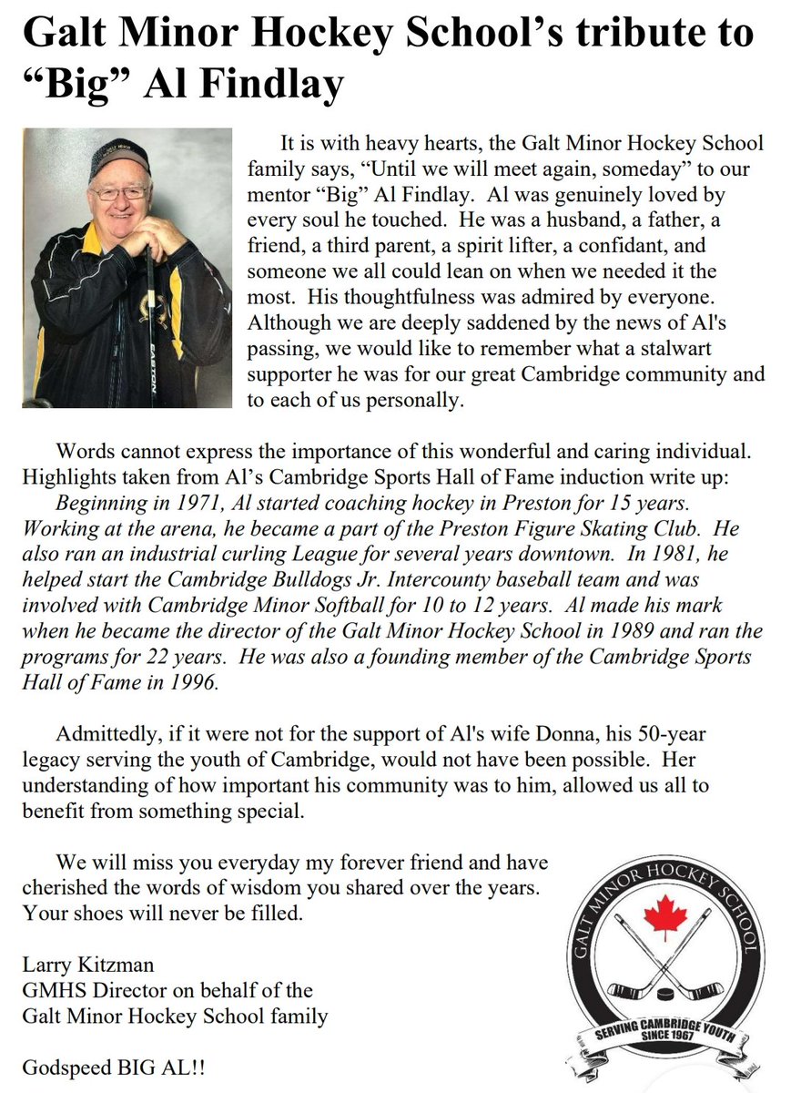 GMHS1967's tweet photo. Galt Minor Hockey School's full tribute to Al Findlay. A true stalwart supporter for our great community! Will be missed by so many over his 50-year legacy @cityofcambridge @Kathryn_McGarry @karlkiefer52 @_BryanMay @JustinTrudeau @ALLIANCE_Hockey @CambridgeMinorH @CambridgeFame https://t.co/rwVpye1rn8