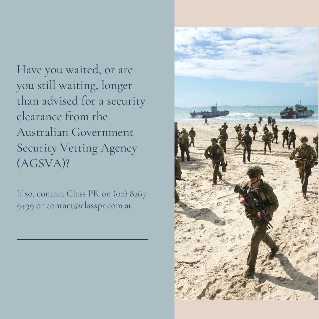 classpr_pr's tweet image. Have you waited or are you still waiting, longer than advised for a #securityclearance from the Australian Government Security Vetting Agency (AGSVA)? 

If this situation sounds familiar, please contact Class PR for more information regarding your situation. #defenceforces