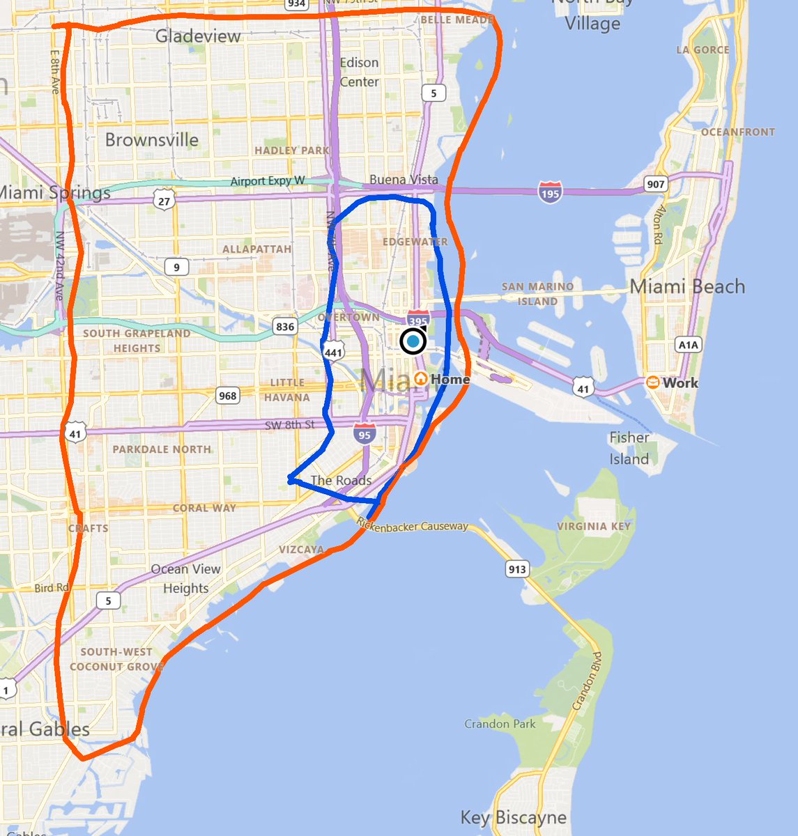Thread: Thinking about moving to *Downtown*  #Miami ?Here is *my* unofficial quick guide to the neighborhoods of  @downtownMIA First: The "City of Miami" is HUGE (red outlined area + more.) "Downtown" is the area outlined in blue1/x @MiamiMayor  @shervin  @bunsen
