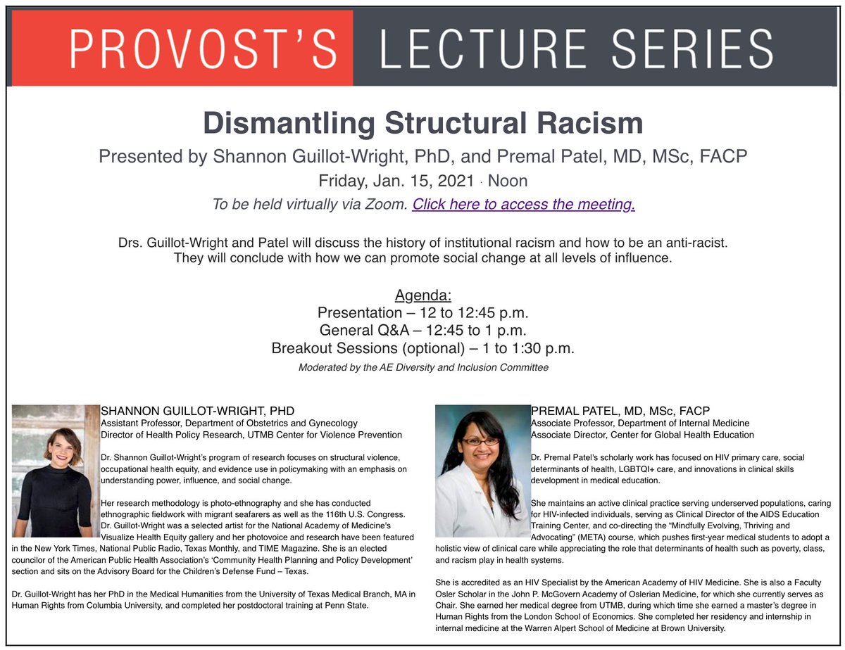 UTHealthCVP's tweet photo. @UTMBProvost Lecture Series:
Join #HealthPolicyResearch Director @DrGuillotWright and Dr. Premal Patel for a discussion on the history of institutional racism, how to be #antiracist, and how to promote social change at all levels of influence.
#Zoom: https://t.co/5gWDoaToHZ https://t.co/2p2RRkr1yS