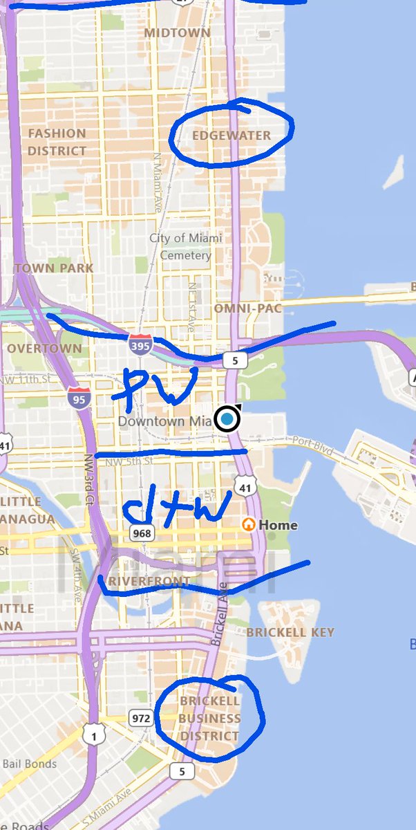 Downtown Miami is located between I-195 / Julia Tuttle causeway to the north and The Rickenbacker causeway to the south.In between you have 4 basic neighborhoodsEdgewater / MidtownPark WestDowntown CBDBrickell2/