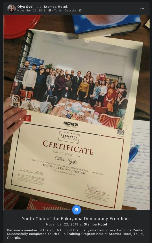 About a month after last year's launch of the ROK, Sydii became a member of the Youth Club of the Fukuyama Democracy Frontline Center, also set up in 2019, and completed their training program in Tbilisi. She was apparently chosen after submitting a TEDx video about democracy.