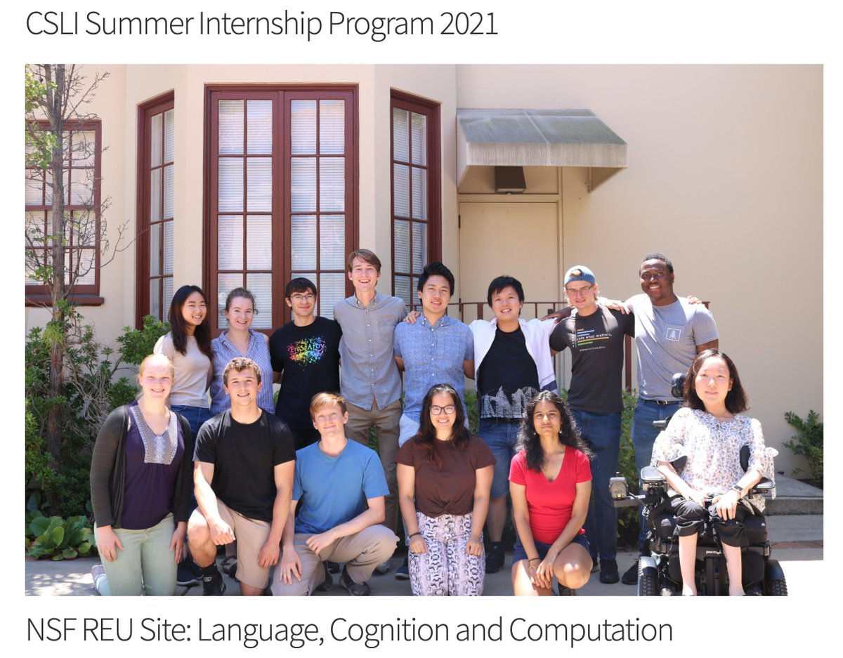 Undergrads, please join us for a 8-week paid internship at Stanford CSLI in our <a href="/NSF/">U.S. National Science Foundation</a>-funded research experience program in cognitive science!

Interns do mentored research and learn about language, cognition, AI, and more as part of a warm, fun community.

www-csli.stanford.edu/csli-summer-in…