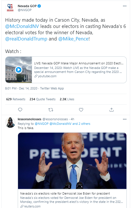The Nevada GOP is also on Planet Denial with its claim to have cast EC votes for Trump. A very different tone - "we won" - to the "provisional" approach in Pennsylvania, presented as a back-up to a legal challenge