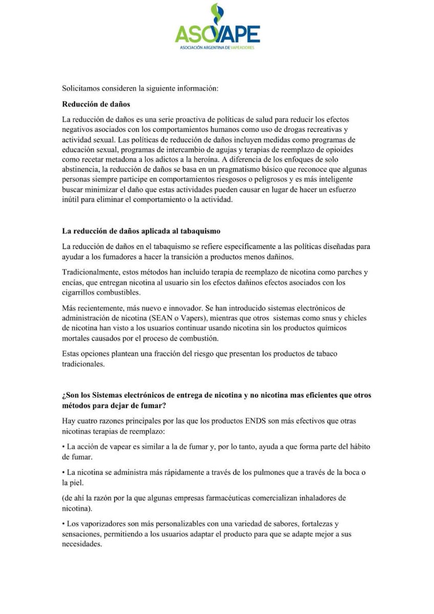 RedThrARGENTINA's tweet photo. Desde ASOVAPE impulsamos esta Carta a Diputados, solicitando la revisión del Proyecto de Ley Nro.1241/2019 y que se considere al vapeo como una eficiente estrategia por reducción de daños amparada por la comunidad científica.
@hugo_sager @JuanJoseBergia @lilispoljaric1 https://t.co/1yPU1be5ZO