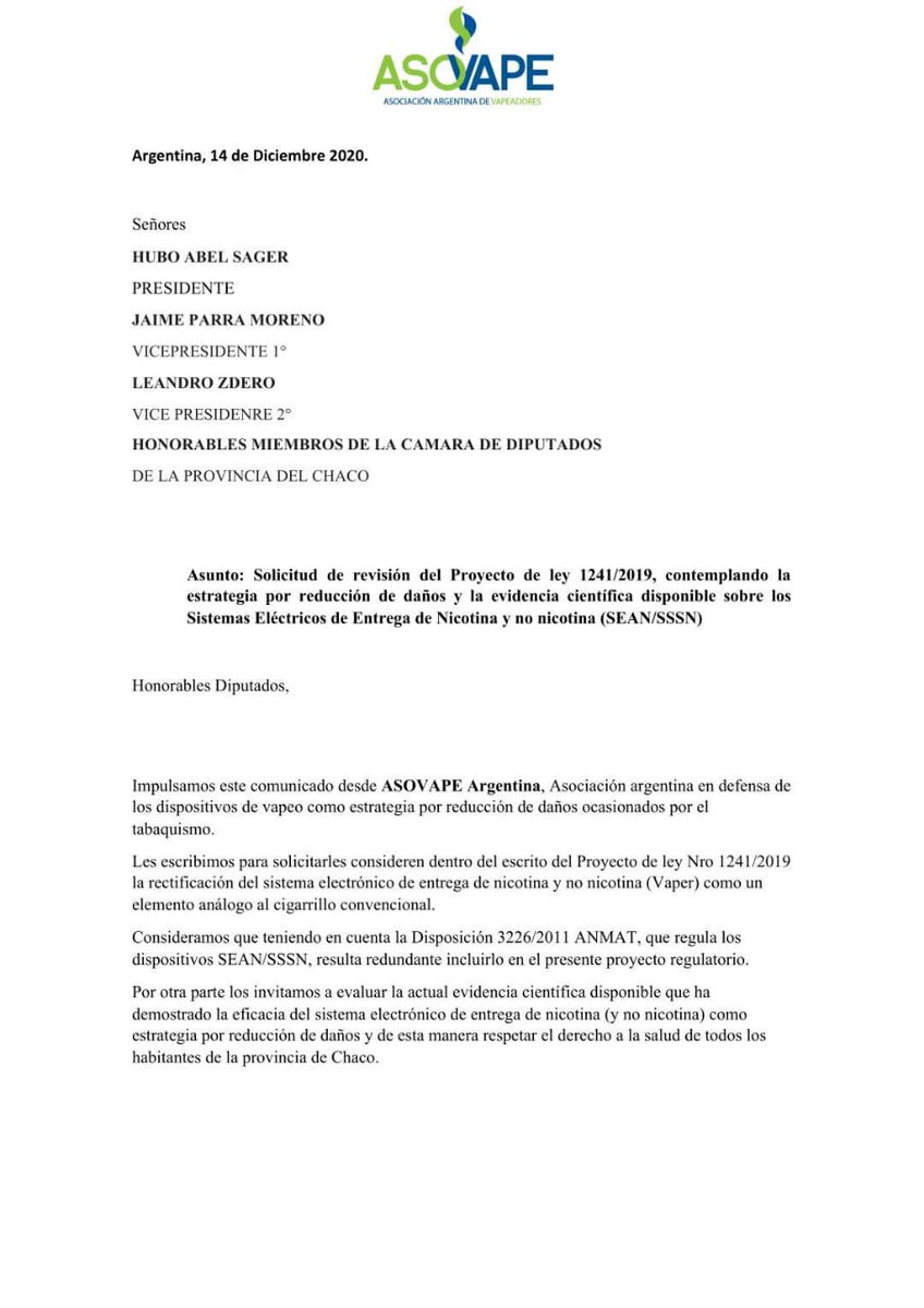 RedThrARGENTINA's tweet photo. Desde ASOVAPE impulsamos esta Carta a Diputados, solicitando la revisión del Proyecto de Ley Nro.1241/2019 y que se considere al vapeo como una eficiente estrategia por reducción de daños amparada por la comunidad científica.
@hugo_sager @JuanJoseBergia @lilispoljaric1 https://t.co/1yPU1be5ZO