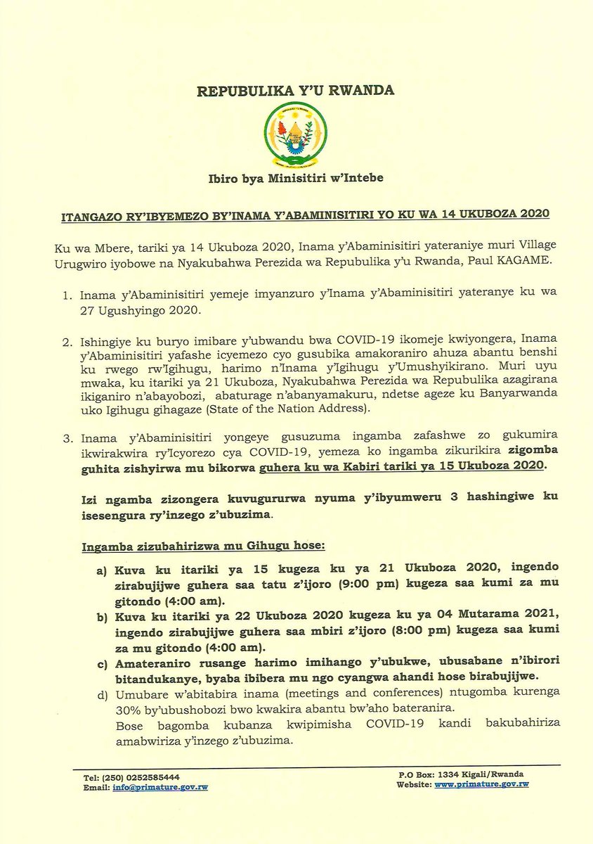 Office Of The Pm Rwanda 1 2 Itangazo Ry Ibyemezo By Inama Y Abaminisitiri Yo Ku Wa 14 Ukuboza