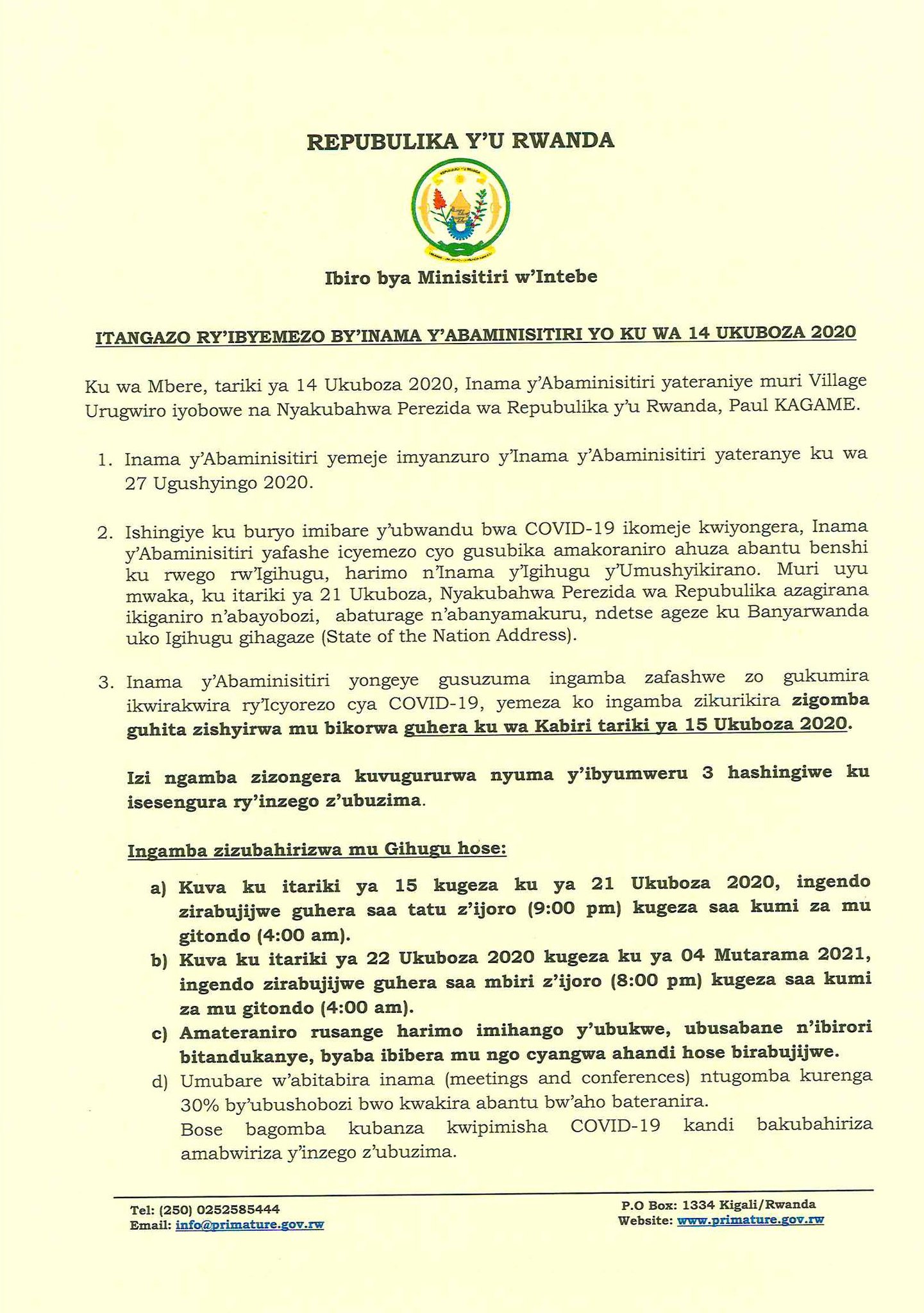 Office Of The Pm Rwanda 1 2 Itangazo Ry Ibyemezo By Inama Y Abaminisitiri Yo Ku Wa 14 Ukuboza Office Of The Pm Rwanda 1 2 Itangazo Ry Ibyemezo By Inama Y Abaminisitiri Yo Ku Wa 14 Ukuboza