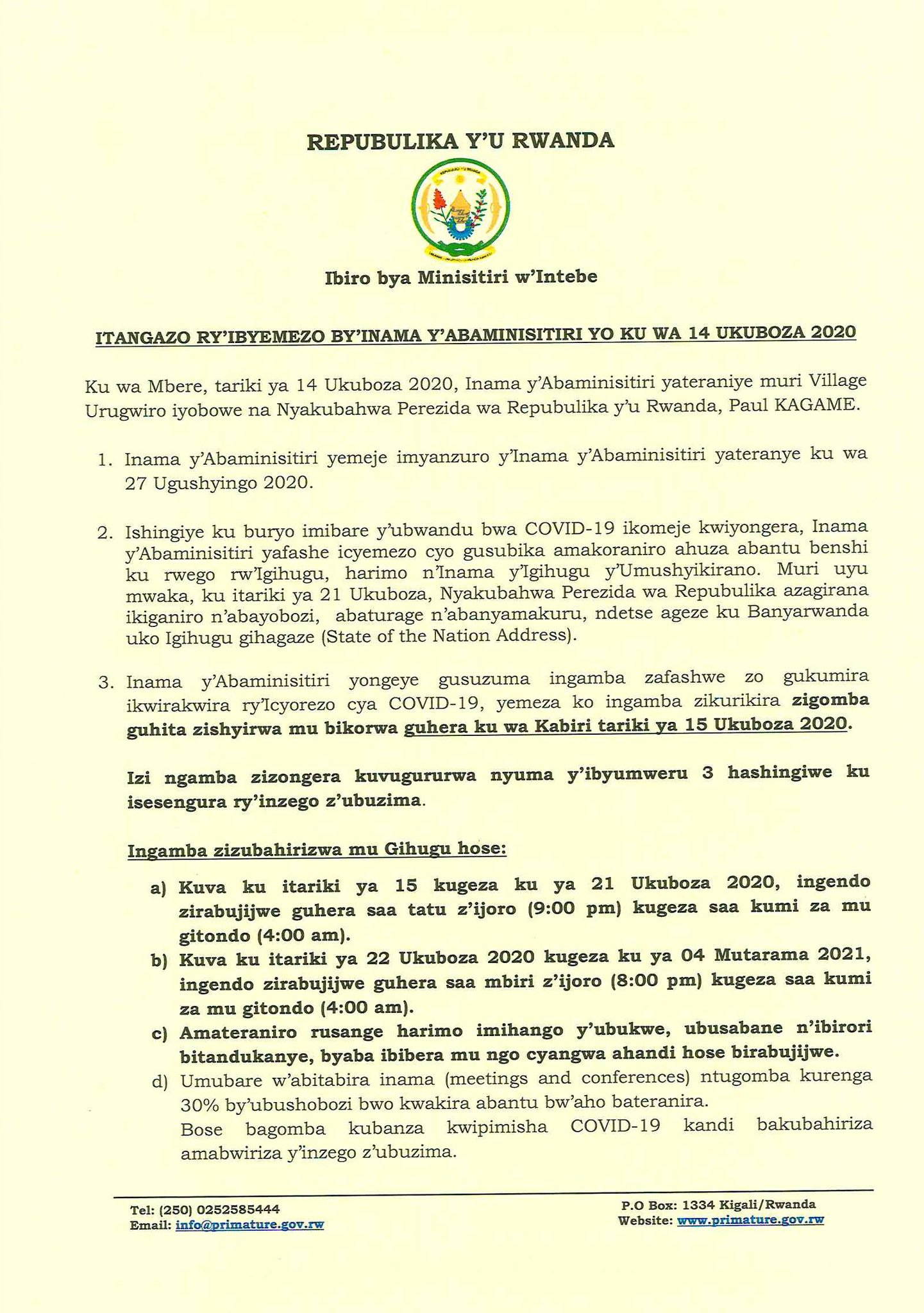 Office Of The Pm Rwanda 1 2 Itangazo Ry Ibyemezo By Inama Y Abaminisitiri Yo Ku Wa 14 Ukuboza