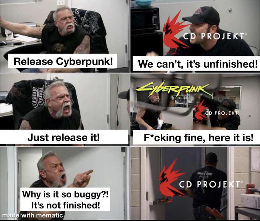 LifeBeyondGames's tweet photo. This is literally what went down with #Cyberpunk2077 lol 😂 https://t.co/e7hhRL0DAn