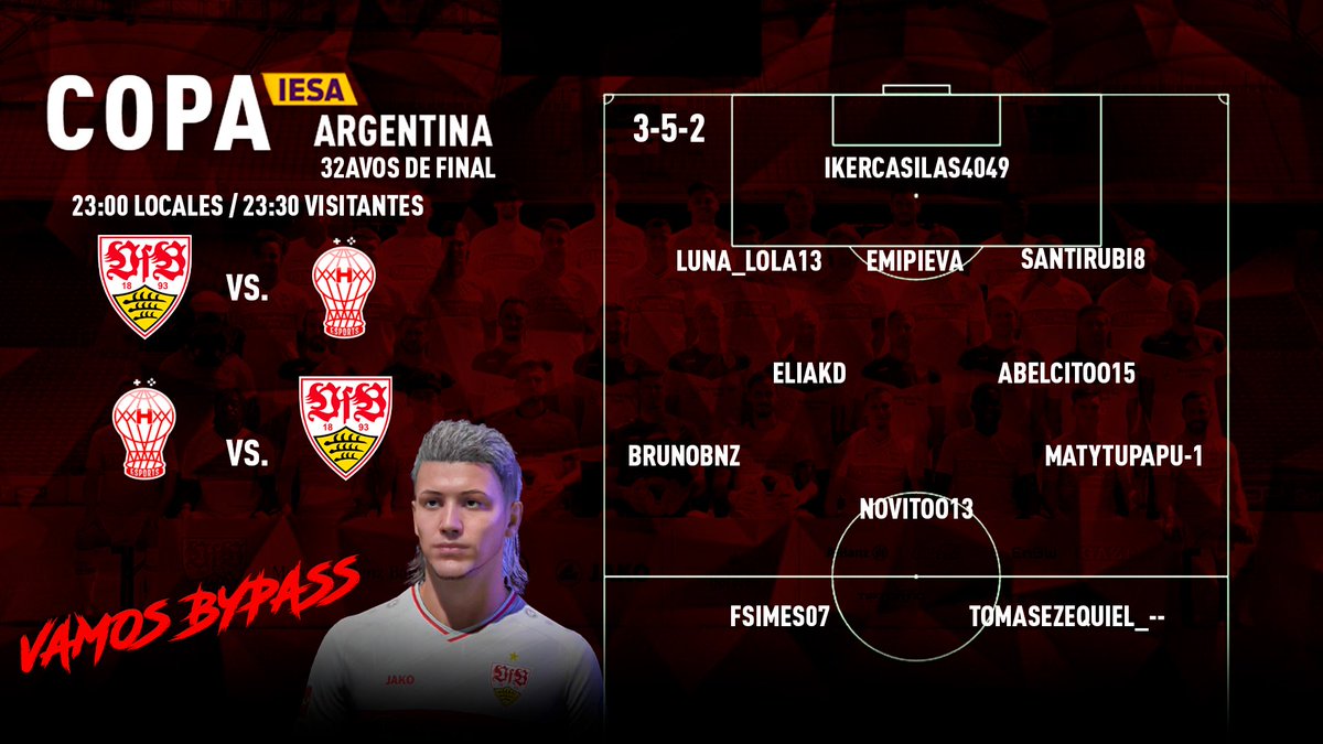 🎮 | 32avos de Final COPA <a href="/IESAArgentina/">IESA</a> 🇦🇷

Estos son los 11 que buscaran el pase a 16avos de final.

🗓️23:00 🆚 <a href="/HuracanEsports/">CAHuracán esports</a>
🗓️23:30 🆚 <a href="/HuracanEsports/">CAHuracán esports</a>

🎬 | Podes alentarnos a través de nuestro canal de YouTube: 
youtube.com/channel/UCUkuq… 

🎨 @LeanDesignLD 
#VamosByPass🐉