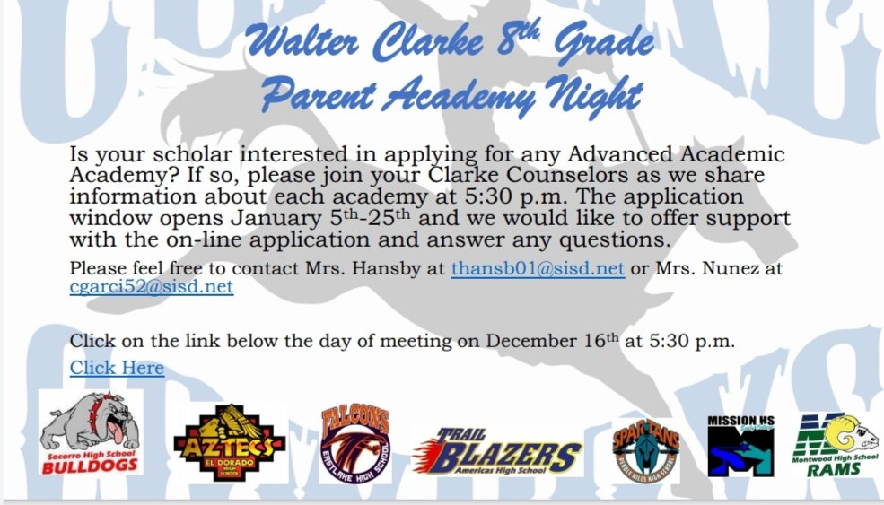 Cristina Nunez (@cnunezcounselor) on Twitter photo Calling all @WClarke_MS 8th grade parents to join our academy night on the 16th at 5:30. We're here to support you with the on-line process.
@FGerardo_CMS <a href="/JEstrada_CMS/">Jessica Estrada</a> #TeamSISD Calling all @WClarke_MS 8th grade parents to join our academy night on the 16th at 5:30. We're here to support you with the on-line process.
@FGerardo_CMS <a href="/JEstrada_CMS/">Jessica Estrada</a> #TeamSISD