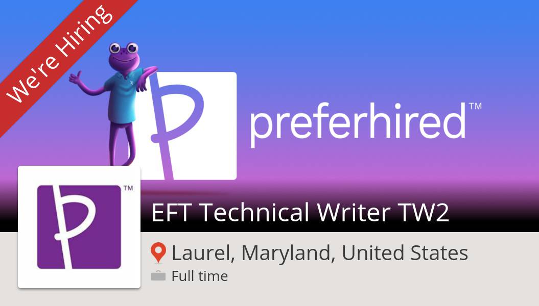 preferhired's tweet photo. Check out this #job: EFT #Technical #Writer TW2 at #Preferhired in #Laurel https://t.co/XfCRJplsZm #referafriend #gigrecruiting #referandearn #jobs #hiring #referrals https://t.co/yHcIs3dbJU