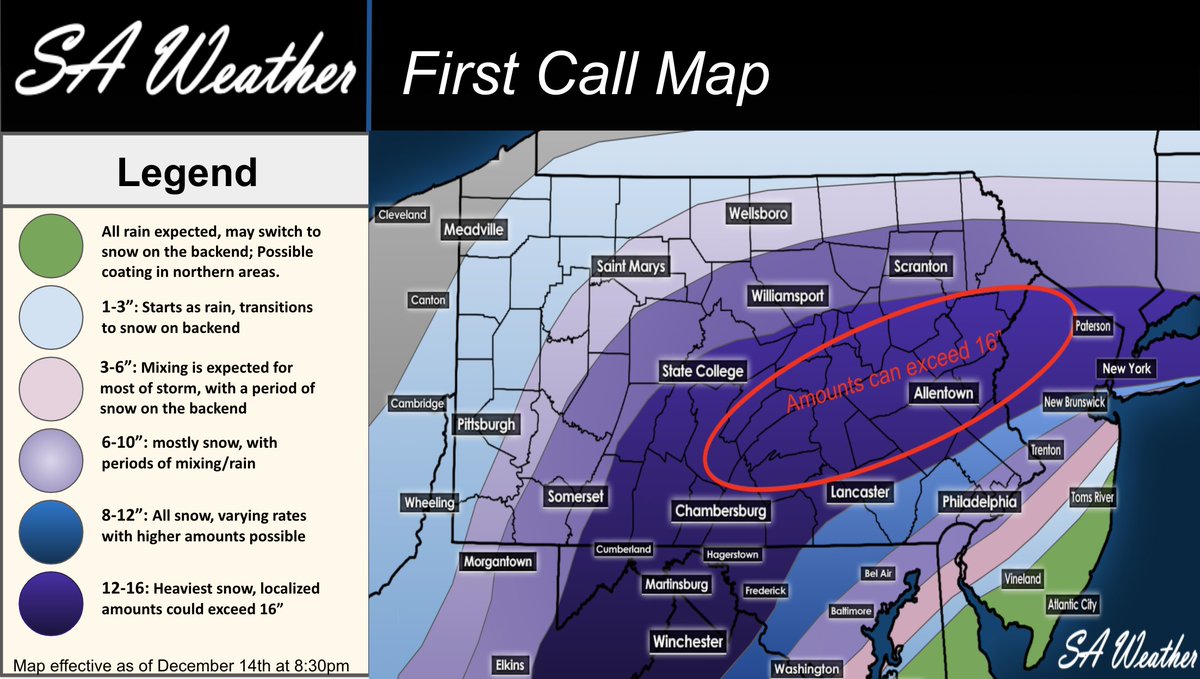 With our first official tweet, it is perfect timing to publish the Wednesday system's first call map. For the first time in over a year, much of Pennsylvania will see significant snowfall. All eyes will continue to be on how the models trend overnight. sites.google.com/view/officials…