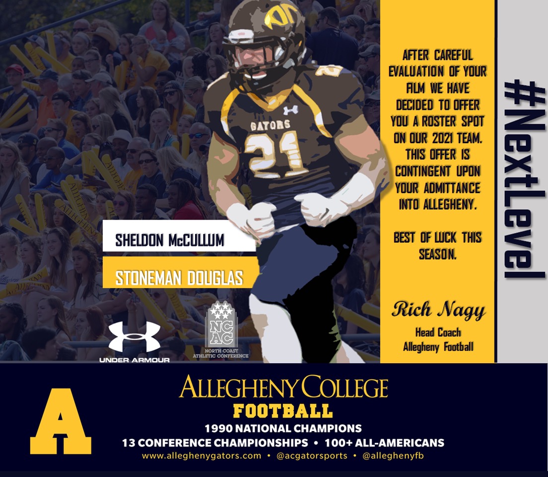 Blessed to receive my third offer from Allegheny College!!
<a href="/coachwargo10/">Matt Wargo</a> @gmail_short <a href="/CrusaderCoach31/">George LePorte</a> <a href="/MSDEagles/">Stoneman Douglas Football</a> @CodyCrawAC