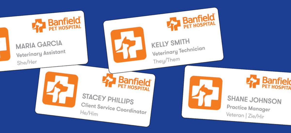 DVMRecruiting's tweet photo. Be your authentic self 💜 We know your love of pets isn’t the only thing that shapes who you are, that’s why our associate name badges now include pronouns. https://t.co/FPdhnafZZQ #banfieldcareers #bhere #bcaring #lovewhatyoudo https://t.co/RAkQWeOwMh